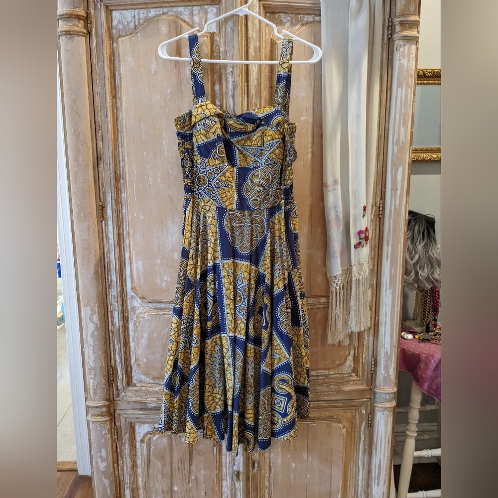 Vintage Style Cotton Dress, Yellow and Blue